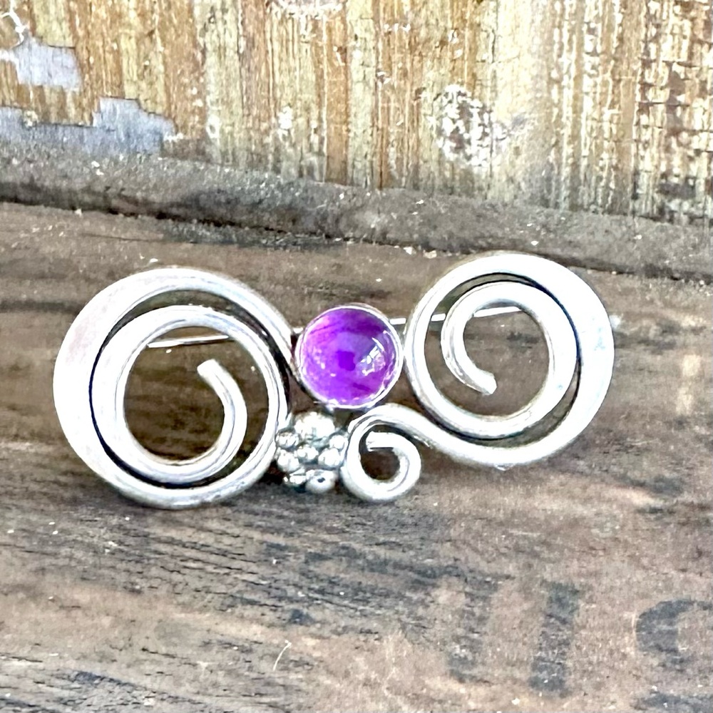 Vintage Modernist Sterling Silver Amethyst Pin Brooch Scroll Design Signed TJW